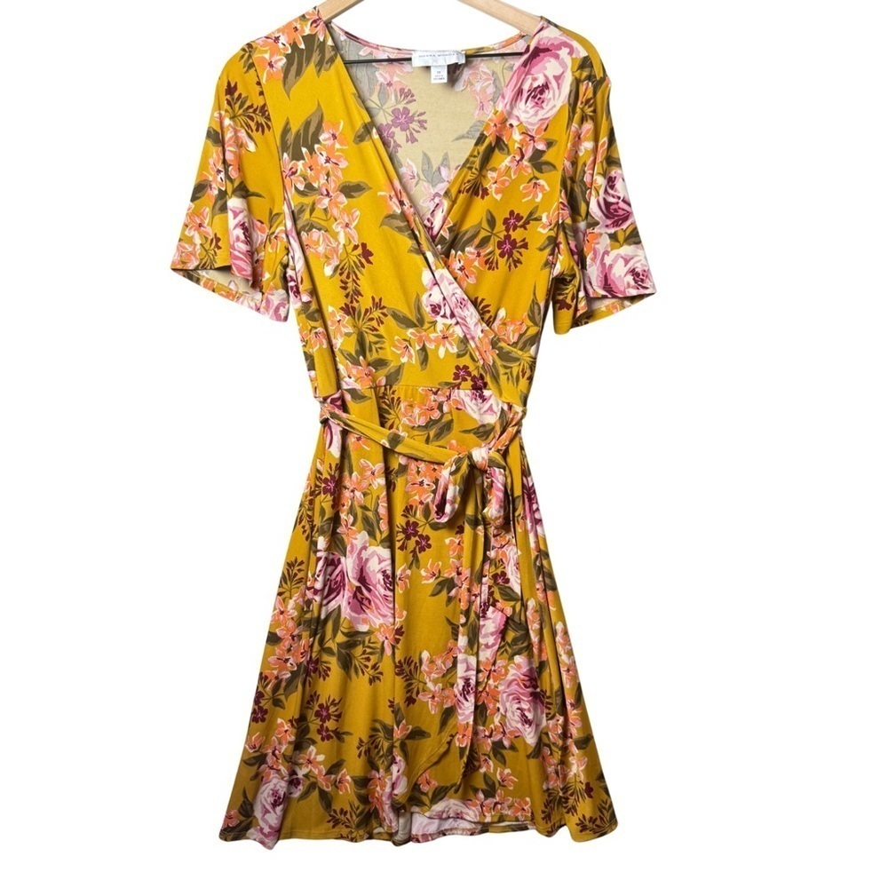 Donna Morgan Women’s Floral Print Yellow Dress Belted size 14
